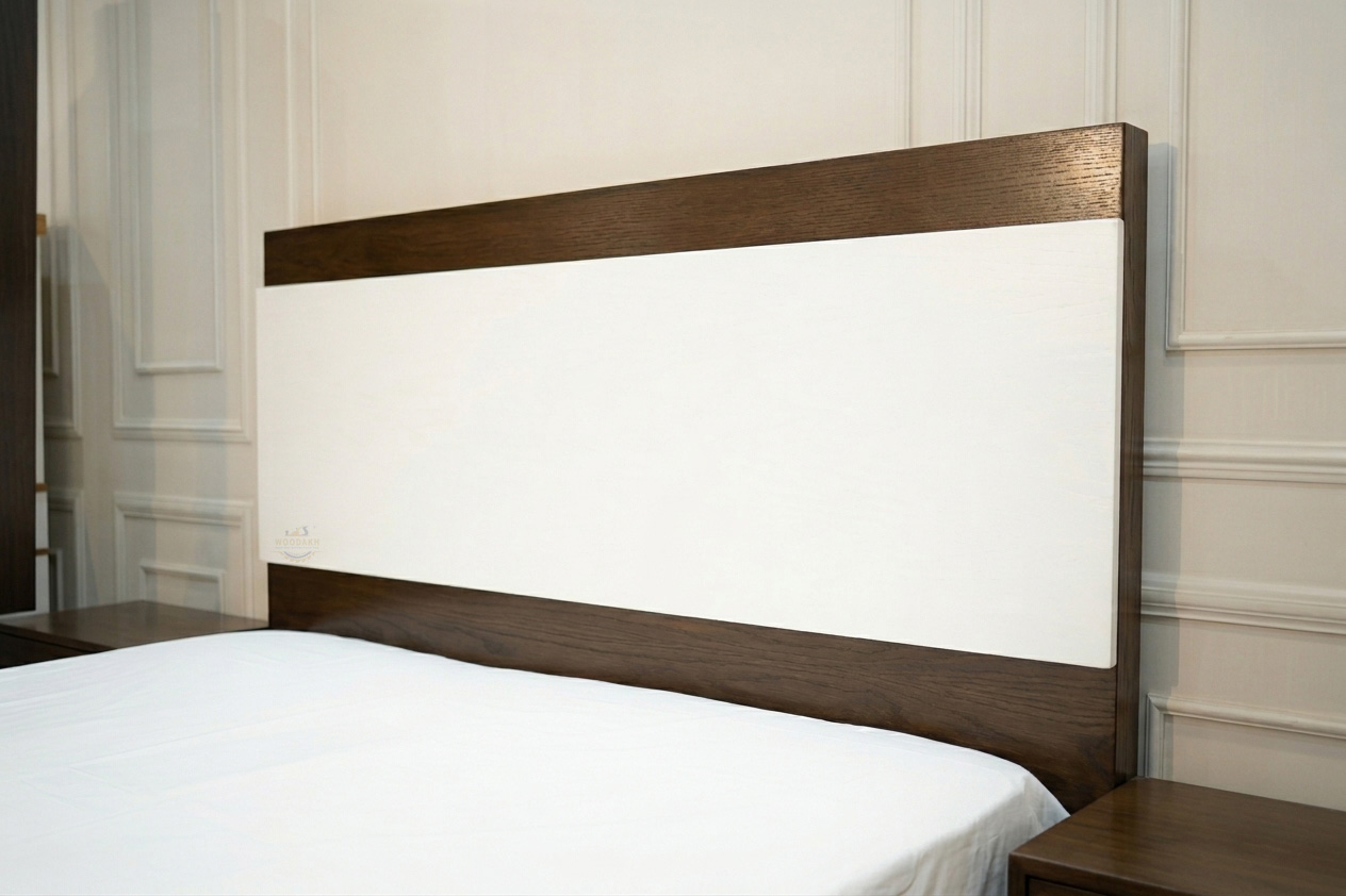 Oak veneer bed headboard with solid oak wooden edges