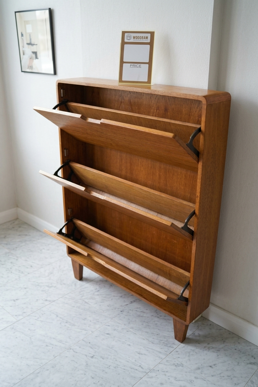 Modern solid wood slim shoe rack with natural wood grain finish and two front legs by WoodAKH