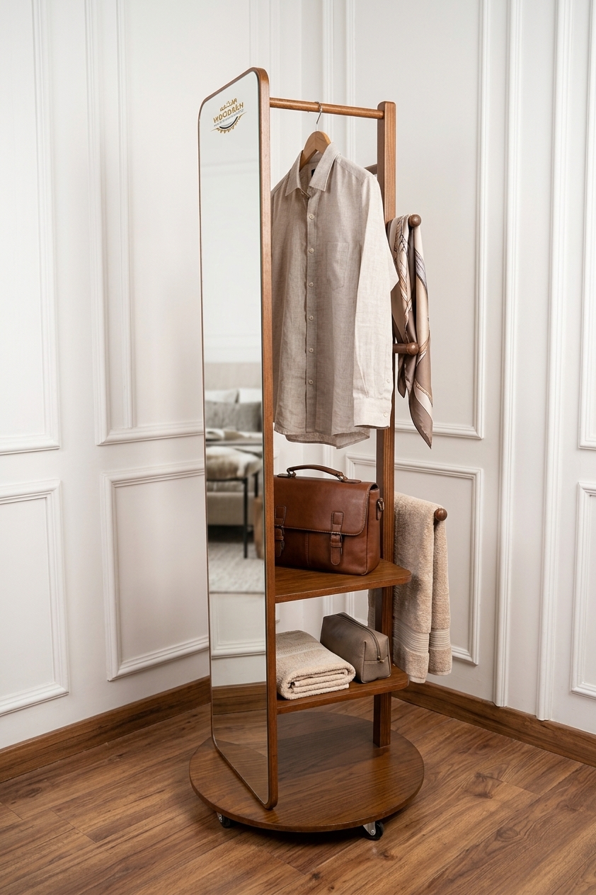 WoodAKH 360 rotating wooden closet stand with full length mirror and hanger