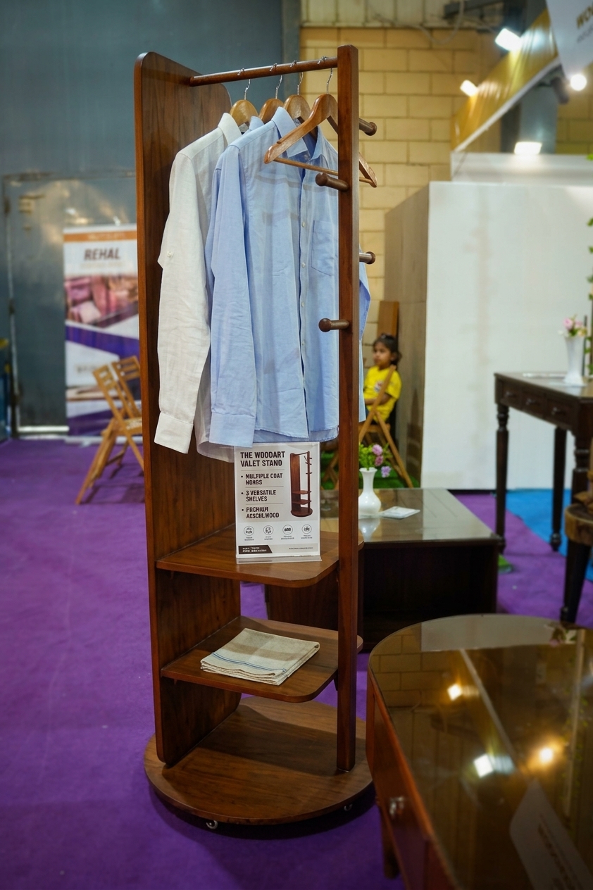 Multi tier storage shelves behind rotating dressing mirror woodakh